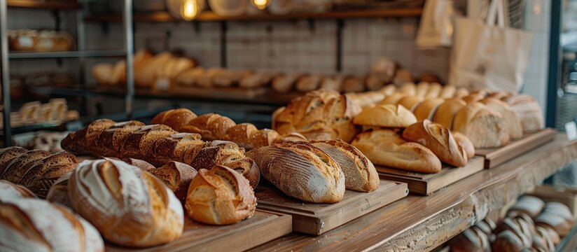 Different kinds of bread on the counter in the bakery shop. Fresh bread counter. Copy space image. Place for adding text and design
