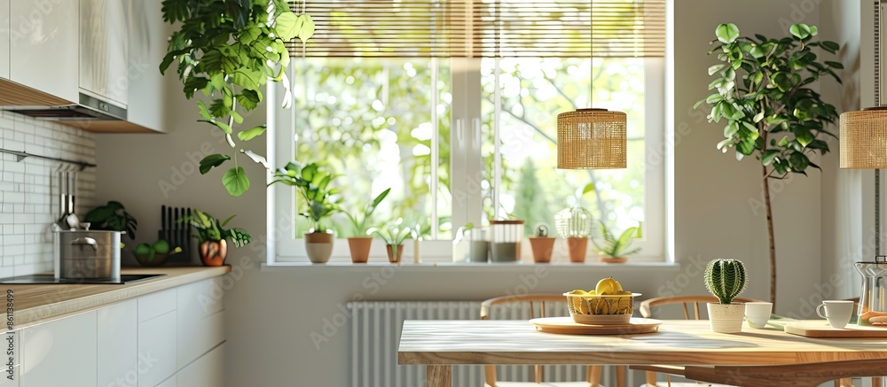 Poster Real photo of bright kitchen interior with windows and dining table with chairs in mirror reflection. Copy space image. Place for adding text and design