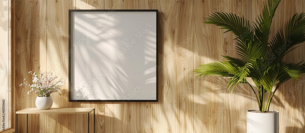 Poster black picture frame hanging on a light wooden wall. blank mockup template. copy space image. place f