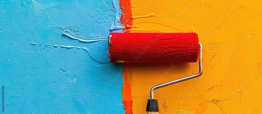 Poster paint wall with paint roller. copy space image. place for adding text and design