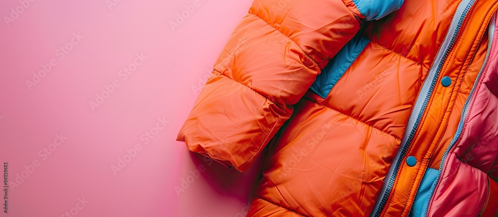 Poster the image of orange jacket under the pastel background. copy space image. place for adding text and 