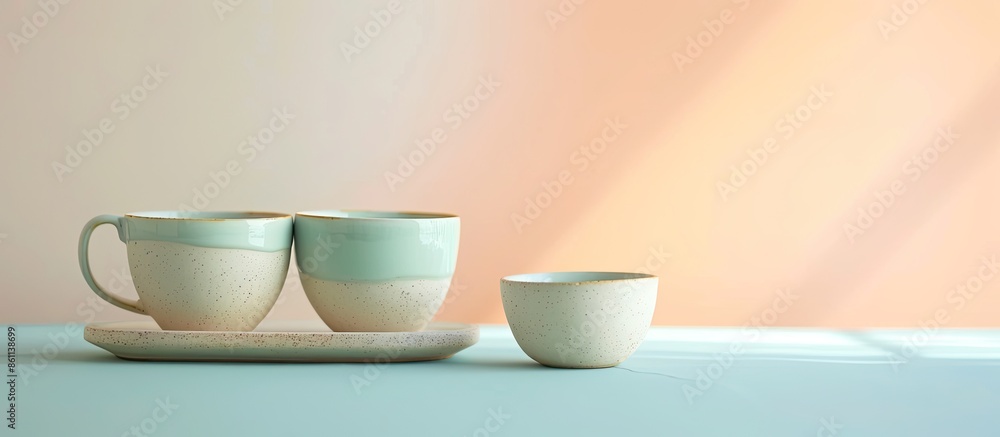 Poster mini ceramic tea cup set, isolated on pastel background. copy space image. place for adding text and