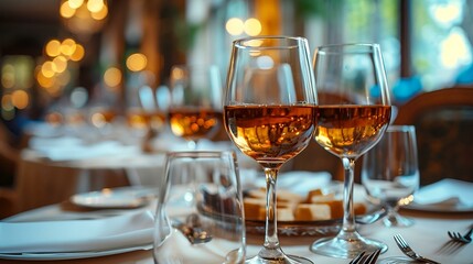 Two wine glasses on table with plates and silverware.
