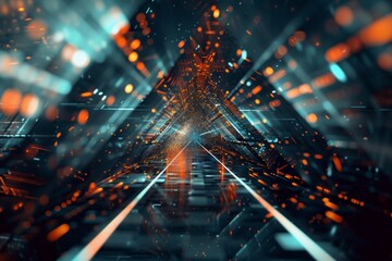 Digital generated image of abstract speed flowing data triangular tunnel.