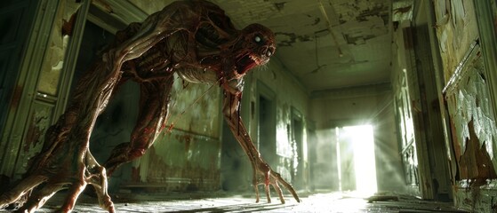 A terrifying monster with long arms and legs walks through a dark, abandoned hallway. AI.