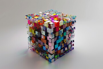 Digital generated image of big cube made of abstract multi colored tumbler switch data against grey background.
