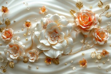 beautiful 3d wallpaper jewelry roses flower decoration and golden flower luxury silk background print