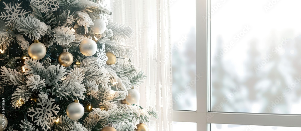 Poster beautiful christmas tree decorated with snowflakes and balls in room, closeup. copy space image. pla