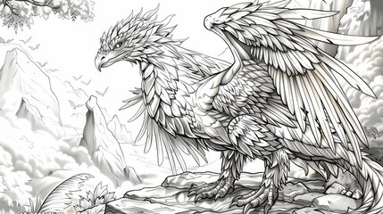 Fototapeta premium coloring book The image is a black and white pencil drawing of a griffin, a mythical creature with the head and wings of an eagle and the body of a lion