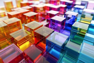 Digital generated image of cubes with abstract multi coloured tumbler switch data on white background.