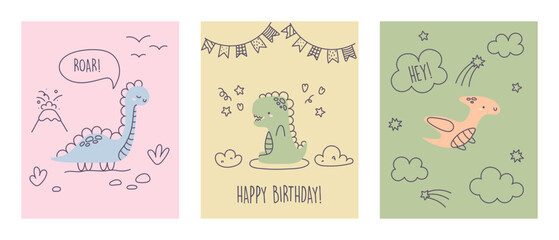 Set of cards with dinosaurs. Happy birthday greeting cards with animals, balloons and plants. Greeting cards, posters, invitations, banners. Hand drawing. Vector illustration in Scandinavian style