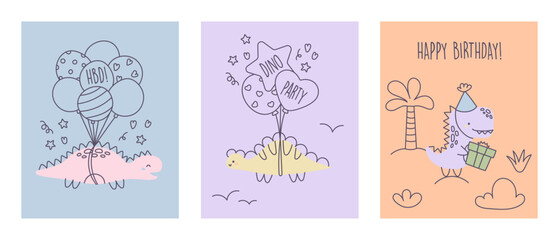 Set of dinosaur cards. Set of cute dinosaurs with balloons and gift boxes. Cute cartoon dinosaurs. Happy Birthday cards collection lettering. Vector illustration in Scandinavian style