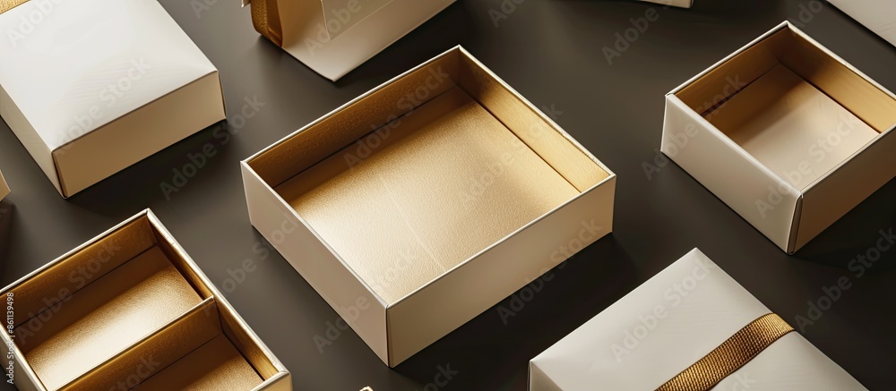Poster a set of minimalistic gift boxes, big open golden shining box on a background of beige, black, white