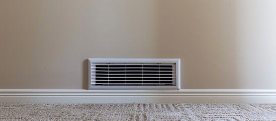 White air conditioner duct grille cover against floor with brown carpet. Copy space image. Place for adding text and design