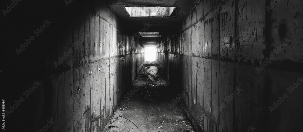 Poster tunnel with concrete walls in old abandoned soviet bunker. copy space image. place for adding text o
