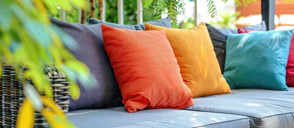 Poster comfortable pillows on outdoor patio sofa. copy space image. place for adding text and design