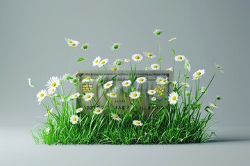 Digital generated image of grass and flowers growing over credit card against grey background. Financial growth and banking concept.