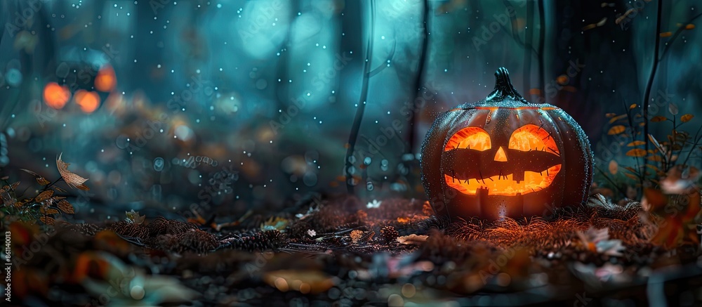 Poster pumpkin glowing at moonlight in the spooky forest - halloween scene. copy space image. place for add