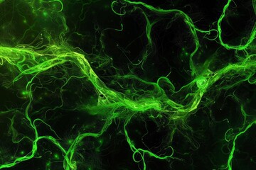 Digital generated image of green infinity covered by organic turbulent splines on black background.