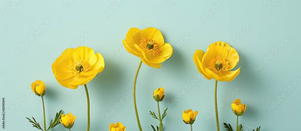 Sticker Yellow wildflowers buttercup Isolated on pastel background. flower Ranunculus acris. Copy space image. Place for adding text and design