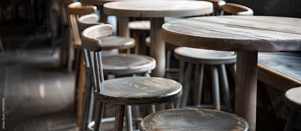 Poster close up image for the seat of the grey wooden chair stools in a cafe arranged in an orderly manner.
