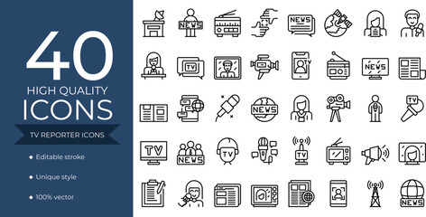 40 TV reporter icons. News, reporter, tv, news channel, anchor. Vector illustration