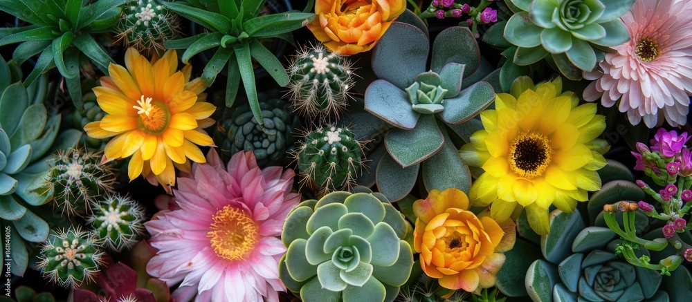 Poster cactus and succulents in bloom in spring. copy space image. place for adding text and design