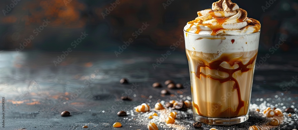 Canvas Prints Iced caramel latte topped with whipped cream and caramel sauce, refreshing and sweet coffee drink. Copy space image. Place for adding text and design