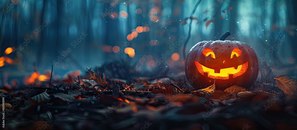 Poster pumpkin glowing at moonlight in the spooky forest - halloween scene. copy space image. place for add