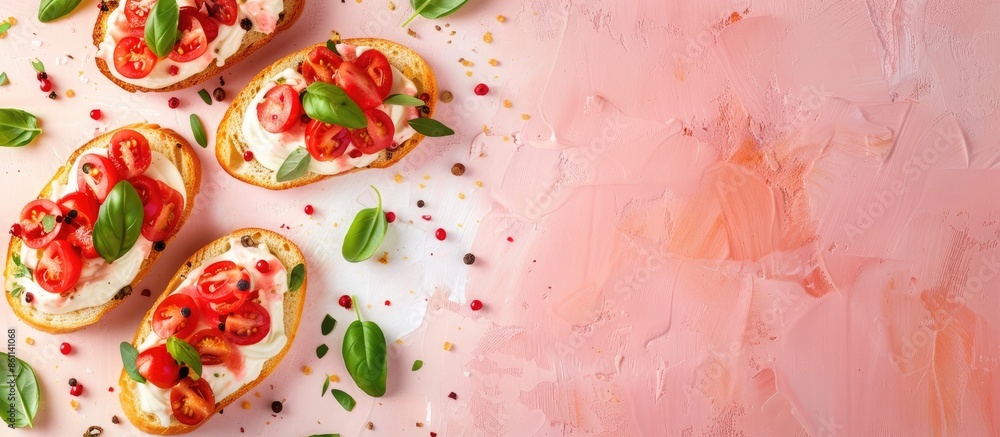Poster crackers bruschetta with spices isolated on pastel background, top view. file contains clipping path