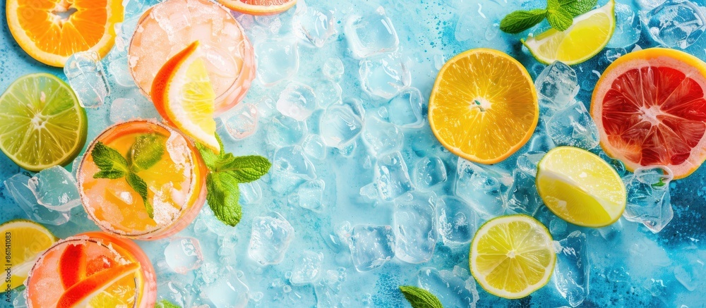 Poster refreshing summer alcoholic cocktail margarita with crushed ice and citrus fruits. copy space image.