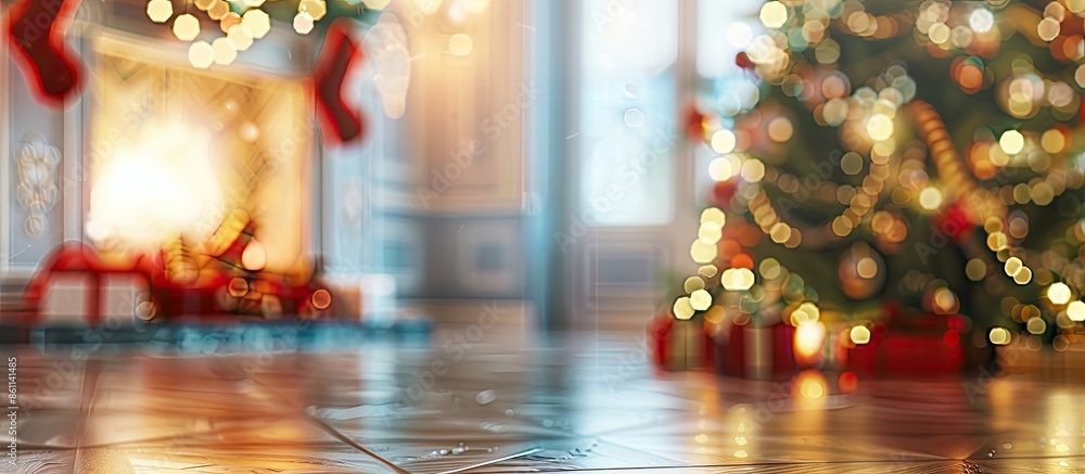 Poster blurred view of festive interior with christmas tree and decorative fireplace. copy space image. pla