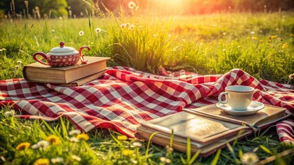 Vintage-style, worn, and faded red-and-white-checkered picnic blanket scattered with old books and a half-empty tea set on a sunny meadow.
