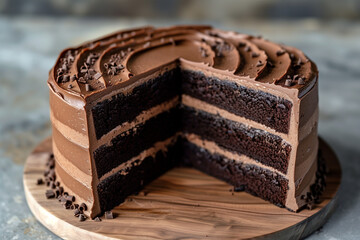 A rich chocolate cake with three layers and smooth chocolate frosting beautifully decorated and sliced