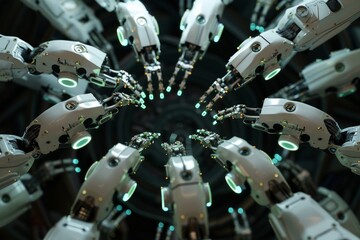 Fototapeta premium Digital generated image of multiple numbers of robotic arms organised into circular pattern.