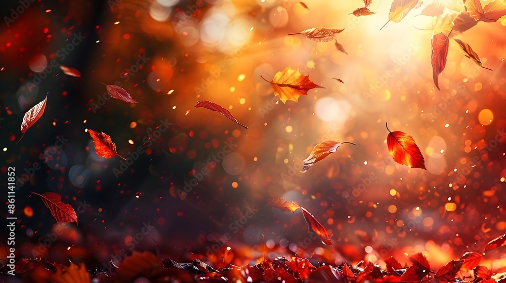 Poster Vibrant Autumn Leaves Swirling in Gentle Motion with Warm Bokeh Blur Effect