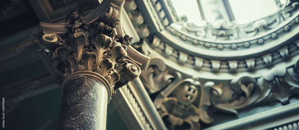 Poster detail of corner ceiling with intricate crown molding on column with spot light. copy space image. p
