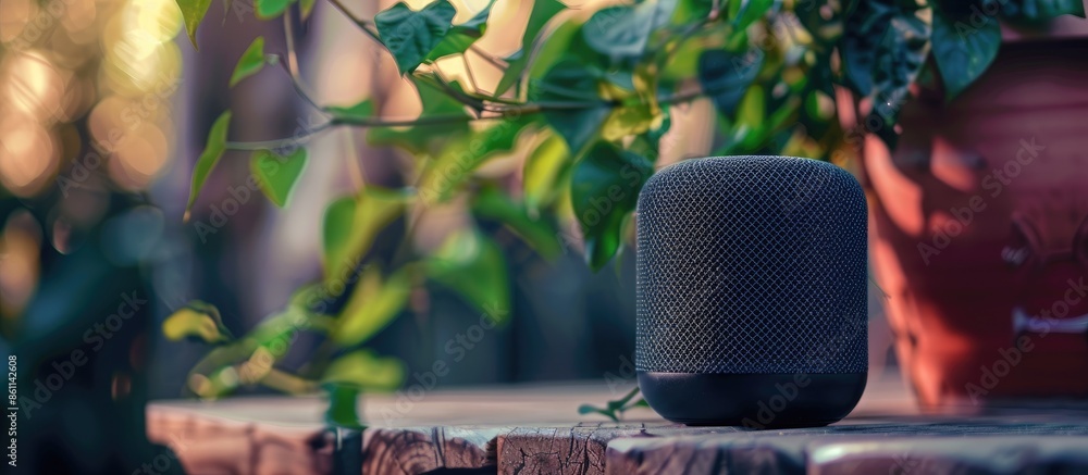 Poster black wireless portable bluetooth speaker for music listening. voice assistant speaker at home. copy