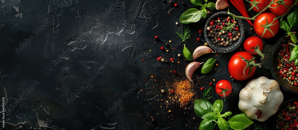 Poster cooking ingredients dark background with a space for a text, view from above. copy space image. plac