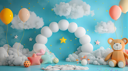 Arch takes center stage, adorned with pastel balloons drifting amidst fluffy clouds and twinkling stars. Scatter big kids toys and decorative clouds on the floor, and place a cheerful teddy bear	
