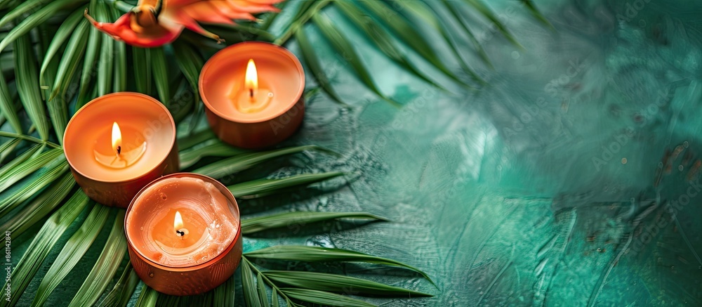 Aufkleber burning wax candles and tropic leaf on table. copy space image. place for adding text and design