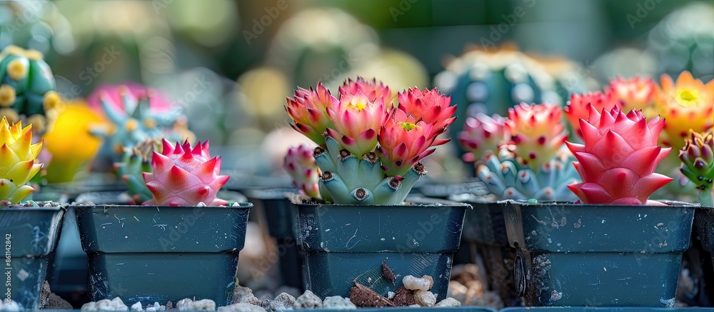 Poster select focus of gymnocalycium mihanovichii cactus in the mini plant pot. multi color cactus. copy sp
