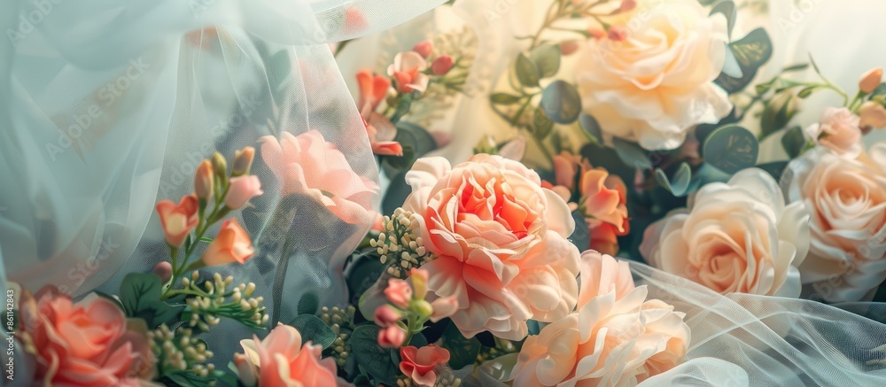 Poster bouquet of artificial flowers on a plastic curtain backdrop. copy space image. place for adding text