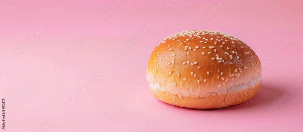Aufkleber hot bun of light wheat bread topped by sesame seeds isolated over pastel background. copy space imag