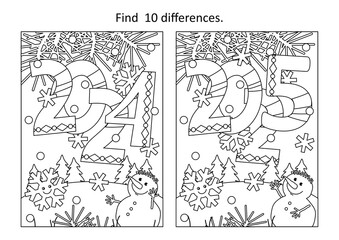 Years 2024 and 2025 difference game and coloring page with rasing year 2025 heading, cute little snowman, cheerful snowflake and outdoor winter scene
