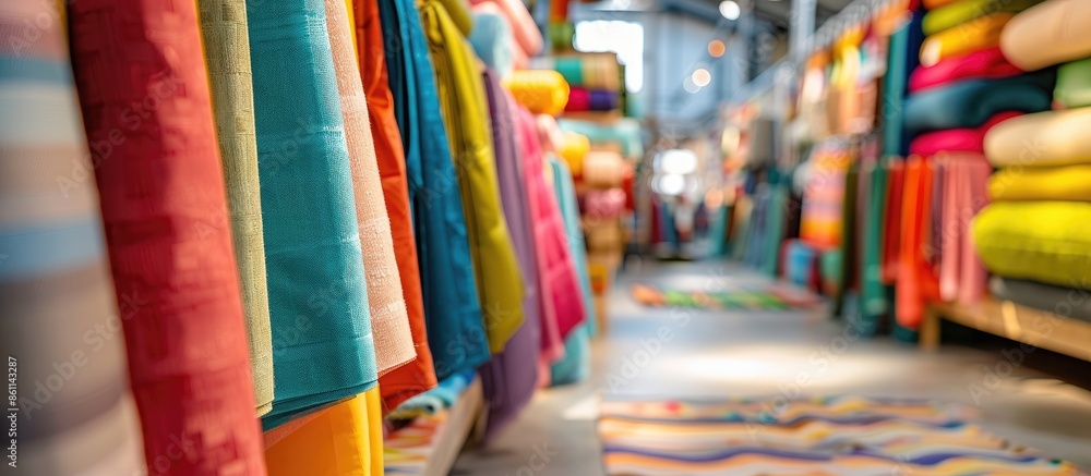 Poster exhibition hall with fabrics. studio. background blur. copy space image. place for adding text and d
