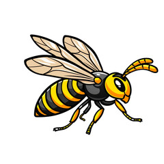 Colorful cartoon illustration of a buzzing bee with vibrant yellow and black stripes and translucent wings.