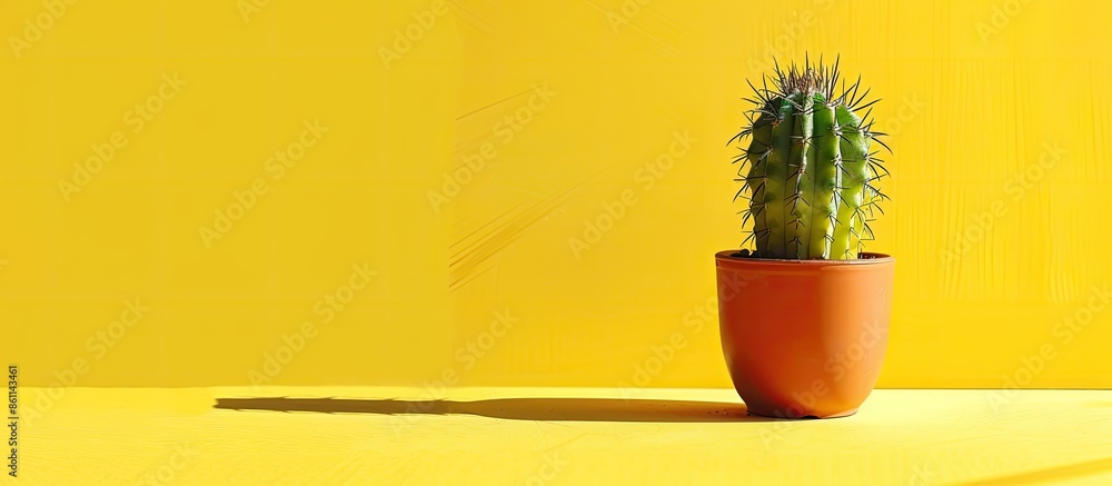 Poster cactus in a pot on yellow background with shadow. studio shot. minimalism. copy space image. place f