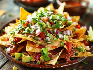 A delicious plate of nachos with melted cheese, salsa, guacamole, sour cream, and jalape&ntilde;os, perfect for sharing with friends at a party or movie night