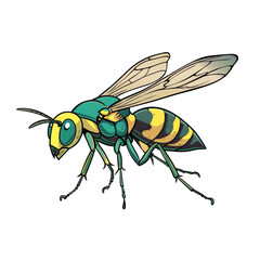 Fototapeta premium Colorful vibrant cartoon of a flying bee with clear wings and yellow stripes, ideal for educational and creative design projects.
